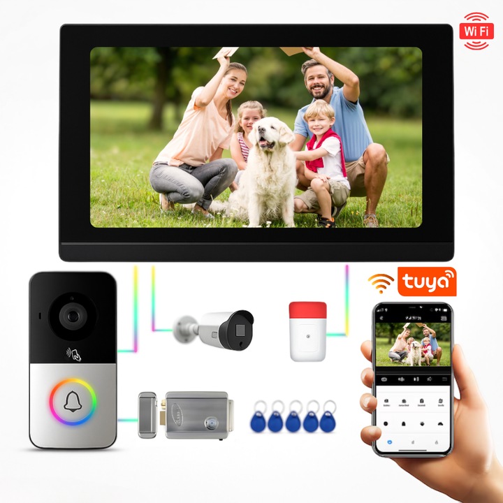 Interfon Video SMART NUVORA, Monitor de 7 inch, Sonerie video Inteligenta Tuya, 5 chei de acces, Vedere nocturna