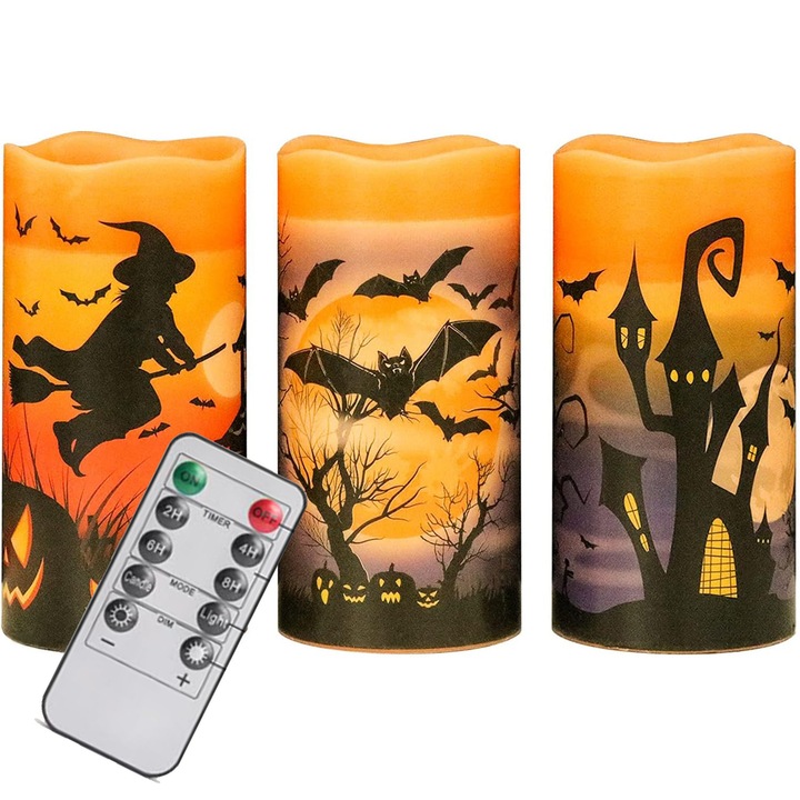 3 db LED gyertya Halloween, lángmentes, Ydene®, távirányítóval és időzítővel, Halloween és Halottak napja dekoráció, valósághű villogó fény, elemes, narancssárga, 7,5x15,5cm