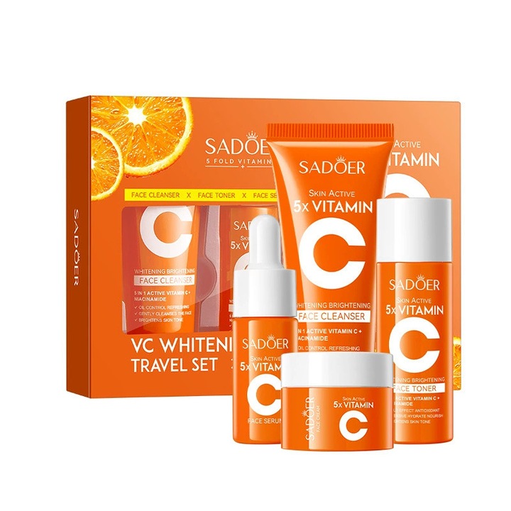 Kit de calatorie pentru ingrijirea pielii Quintuple Vitamina C, care include demachiant 30g, toner 30ml, esenta 10ml si crema 15g, albire si stralucire, hidratare, anti-imbatranire