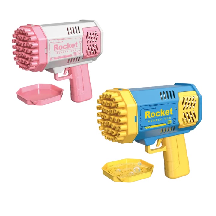 Lucknel® Rocket buborékfújó pisztoly – Automata buborékfújó pisztoly LED fénnyel – 40 lyukú - 2 darabos - kék/sárga és rózsaszín/fehér - Óriási buborék móka gyerekeknek – Kertbe, buliba, esküvőre - Fiúknak, lányoknak