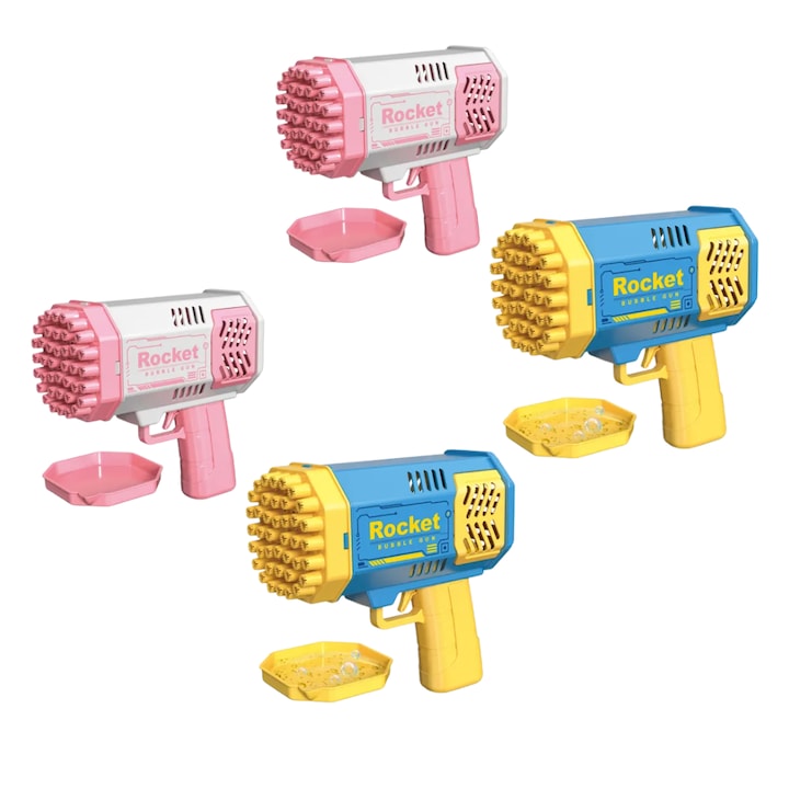 Lucknel® Rocket buborékfújó pisztoly – Automata buborékfújó pisztoly LED fénnyel – 40 lyukú - 4 darabos - 2 db kék/sárga és 2 db rózsaszín/fehér - Óriási buborék móka gyerekeknek – Kertbe, buliba, esküvőre - Fiúknak, lányoknak