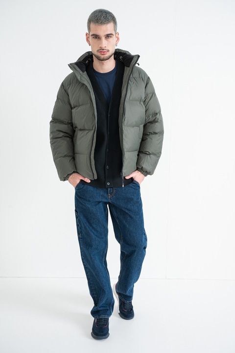 Tommy Jeans, Geaca cu umplutura de puf si gluga, Verde inchis
