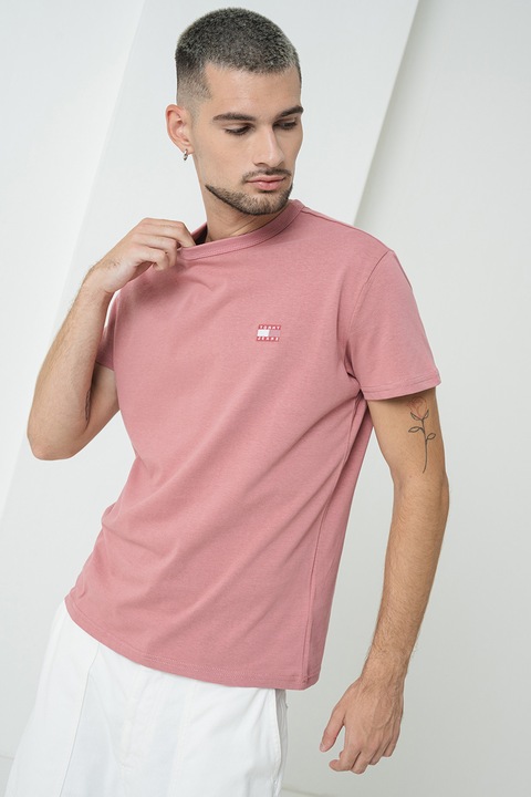 Tommy Jeans, Tricou de bumbac cu insigna brodata, Rosu stins