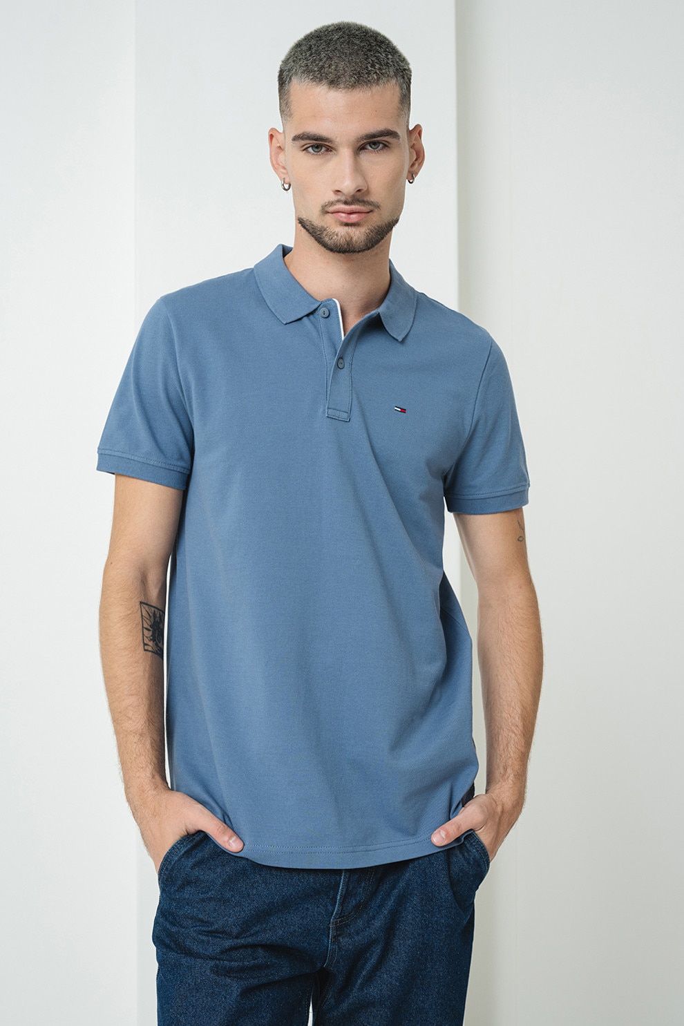 Tommy Jeans, Tricou polo slim fit de bumbac, Albastru prafuit, S