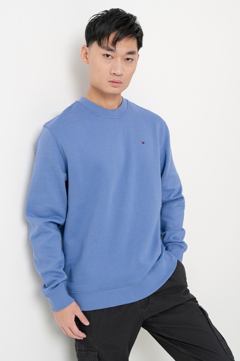 Tommy Jeans, Bluza de trening cu decolteu la baza gatului si logo discret, Albastru lavanda