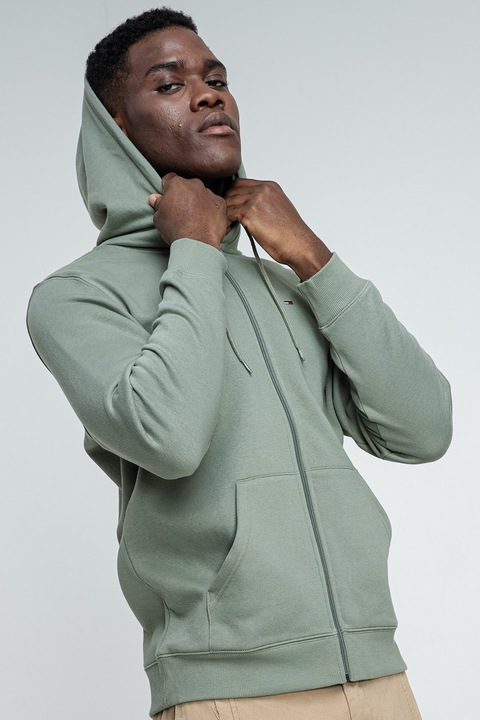 Tommy Jeans, Hanorac regular fit cu fermoar si logo, Verde pal