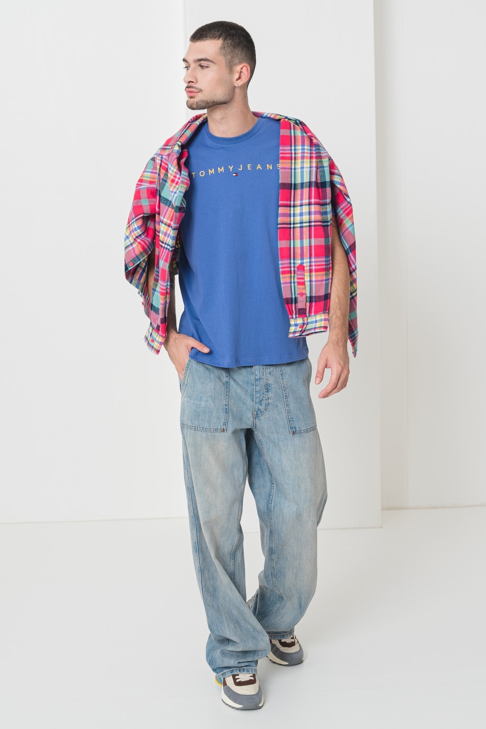 Tommy Jeans, Tricou din bumbac cu logo brodat, Albastru royal, Albastru, L