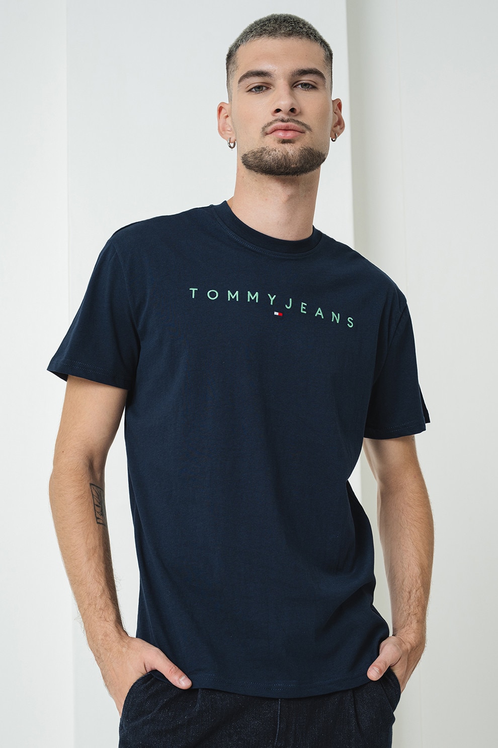 Tommy Jeans, Tricou de bumbac cu logo brodat, Verde, Bleumarin, M