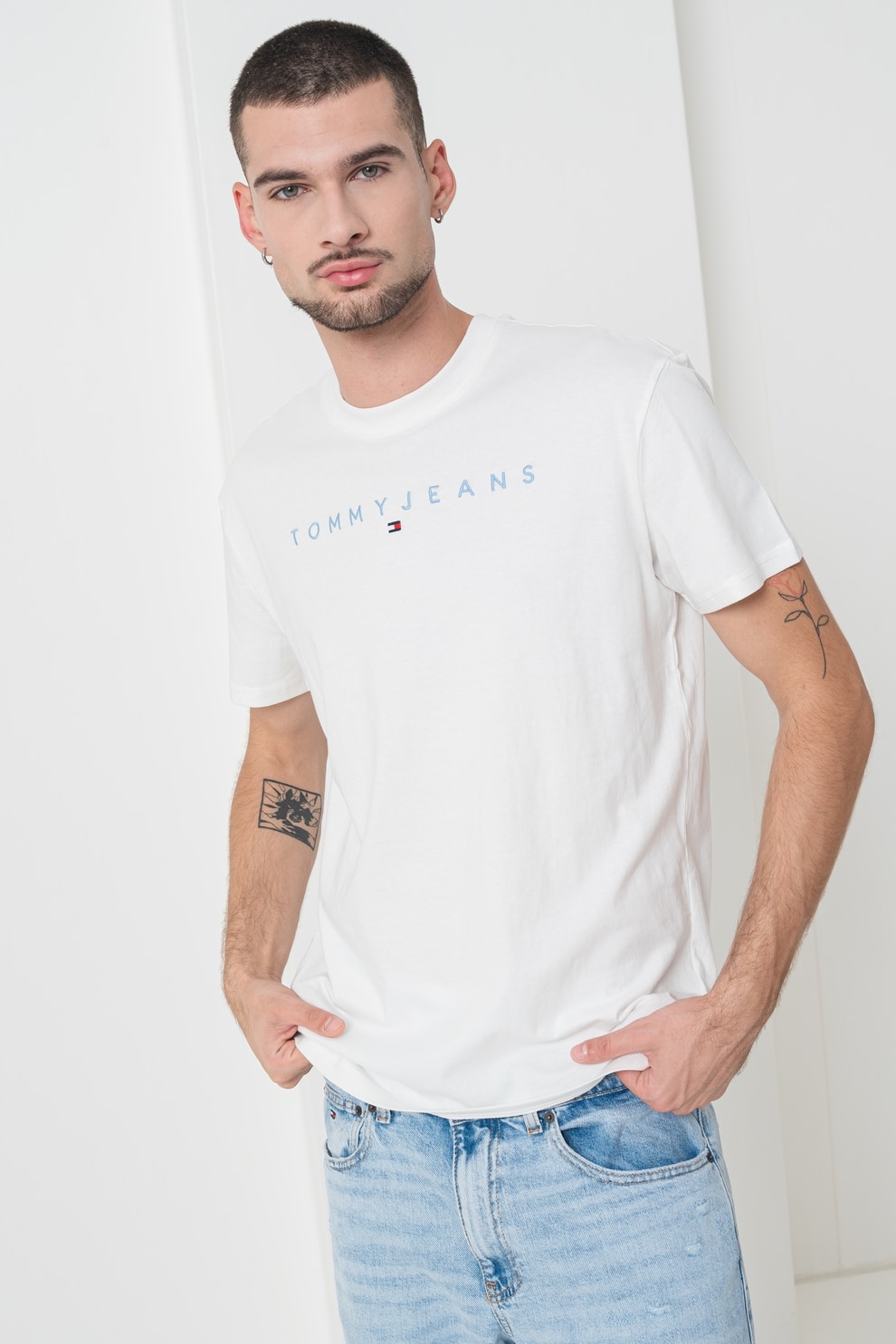 Tommy Jeans, Tricou din bumbac cu logo brodat, Alb, Albastru pastel, Albastru azur, 2XL