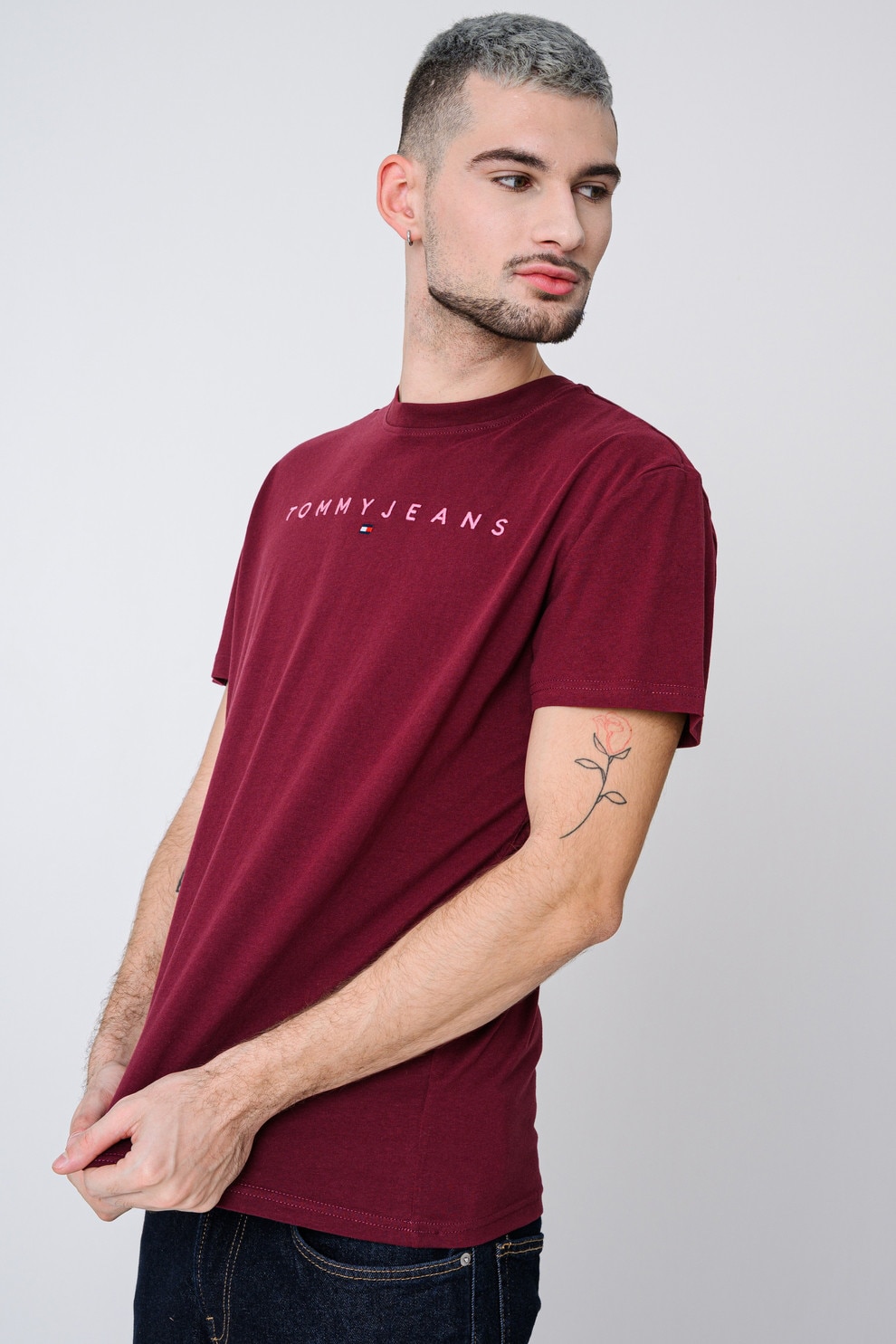 Tommy Jeans, Tricou din bumbac cu logo brodat, Visiniu, S