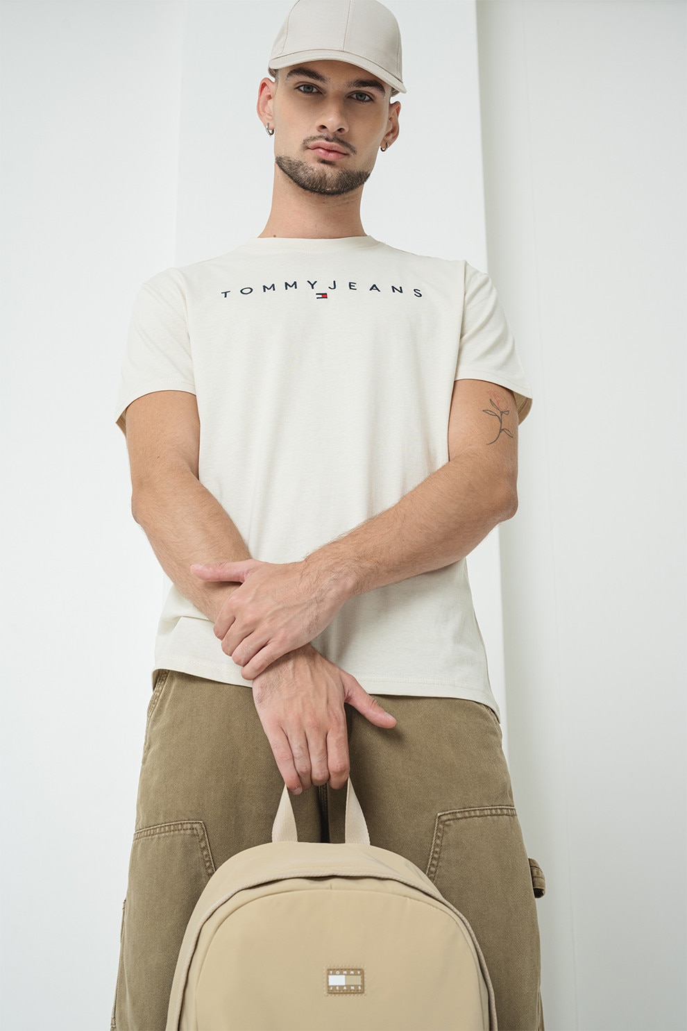 Tommy Jeans, Tricou de bumbac cu logo brodat, Rosu, Crem, Bleumarin, S