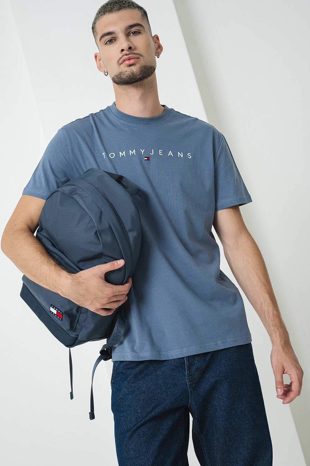 Tommy Jeans, Tricou de bumbac cu logo brodat, Albastru prafuit, S