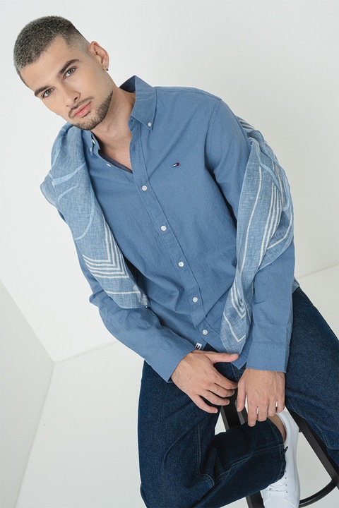 Tommy Jeans, Len és organikuspamut tartalmú ing, Púderkék, S