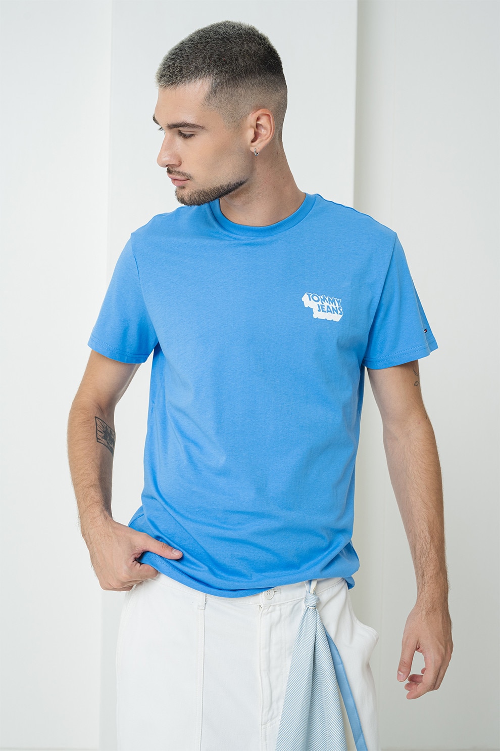 Tommy Jeans, Tricou slim fit de bumbac, Alb, Albastru pastel, XL