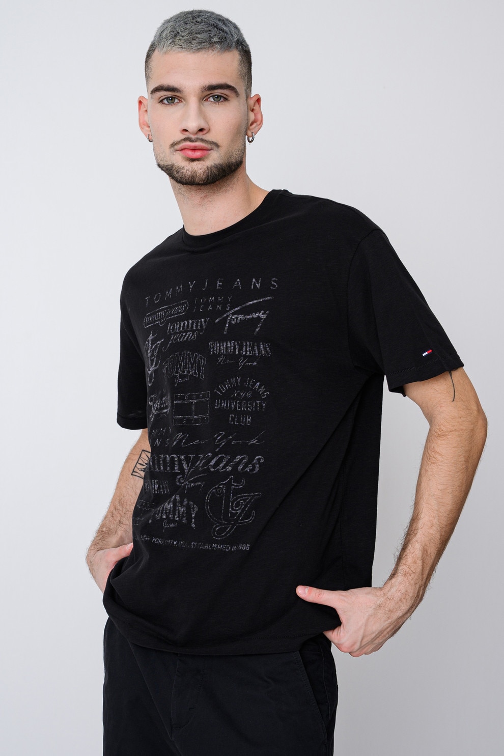 Tommy Jeans, Tricou cu decolteu la baza gatului si imprimeu, Negru, L