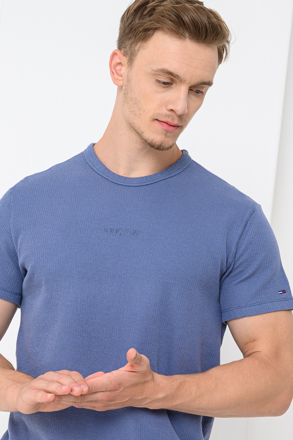 Tommy Jeans, Tricou slim fit de bumbac, Albastru prafuit, L