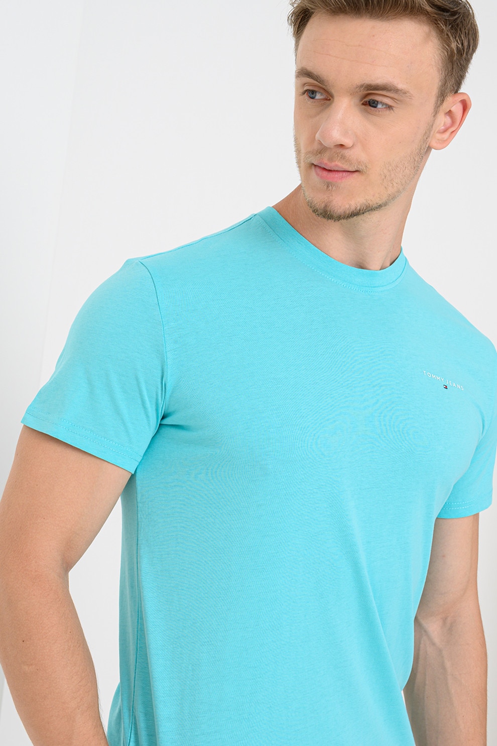 Tommy Jeans, Tricou slim fit cu logo, Albastru aquamarin, L