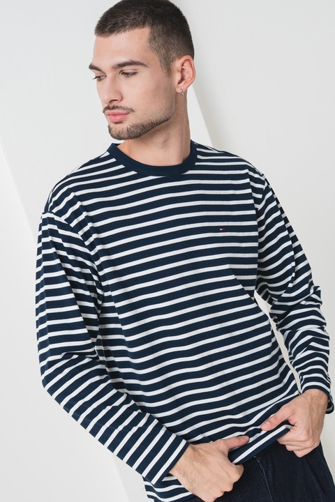 Tommy Jeans, Раирана блуза с органичен памук, Бял/Ултрамарин синьо