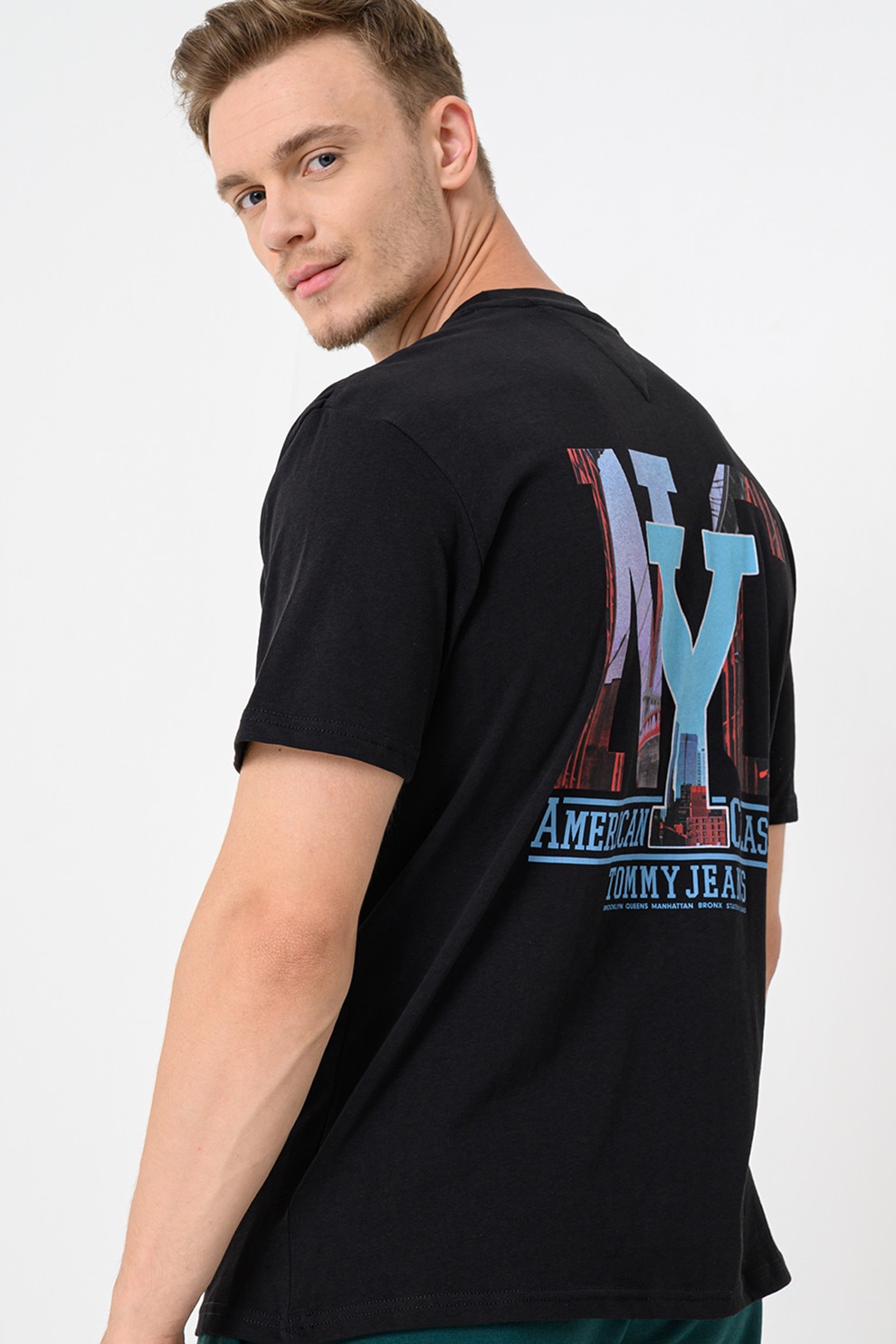 Tommy Jeans, Tricou relaxed fit cu imprimeu pe partea din spate, Negru, Albastru deschis, M