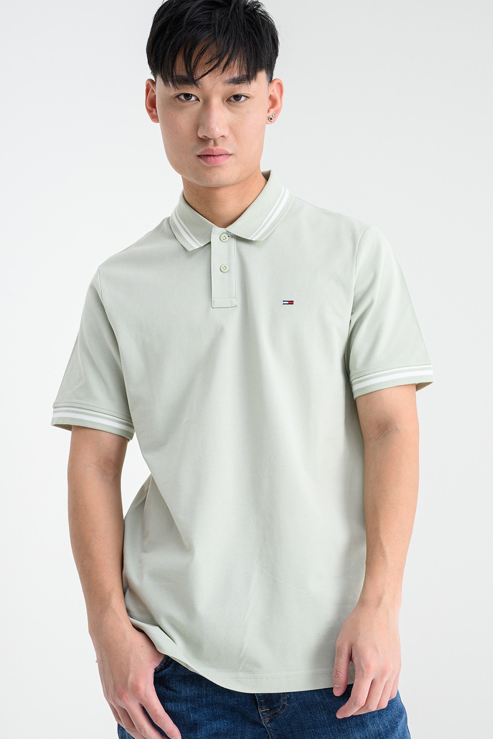 Tommy Jeans, Tricou regular fit cu terminatii contrastante, Alb, Verde pal, L