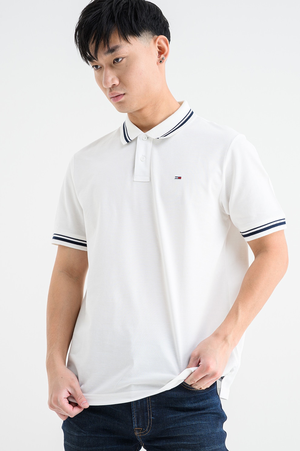 Tommy Jeans, Tricou regular fit cu terminatii contrastante, Alb, Albastru ultramarin, 2XL