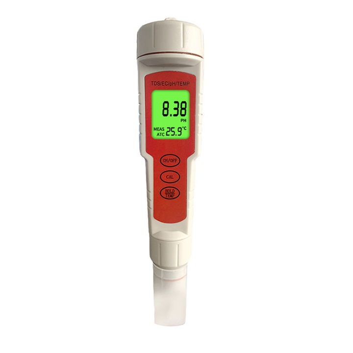 4 в 1 тестер за вода, тества TDS/EC/Temp/PH, LCD екран, IP67, бял/червен
