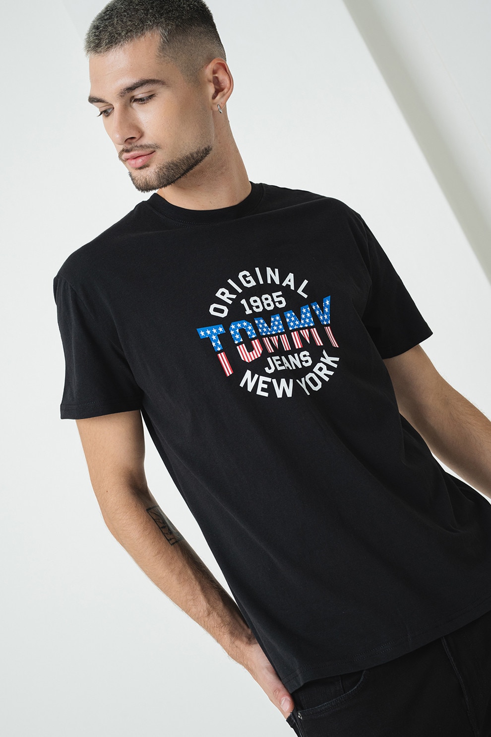 Tommy Jeans, Tricou de bumbac cu decolteu la baza gatului, Negru, S