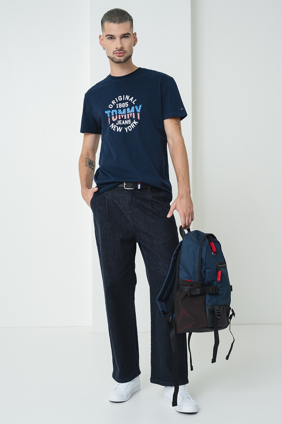 Tommy Jeans, Tricou de bumbac cu decolteu la baza gatului, Rosu, Alb, Bleumarin, L