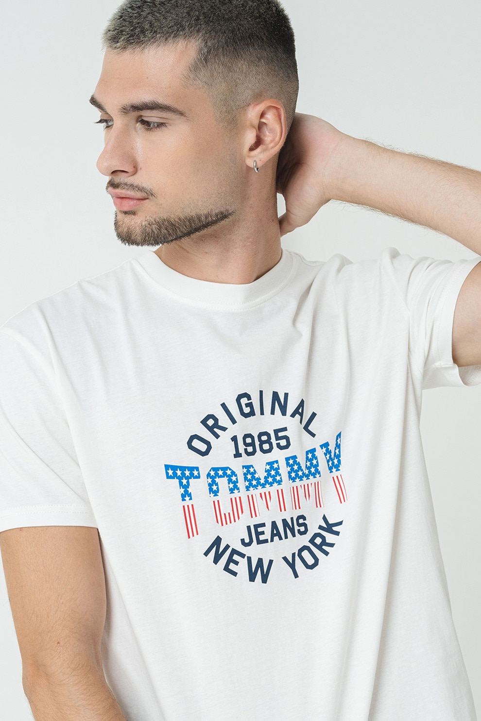 Tommy Jeans, Tricou de bumbac cu decolteu la baza gatului, Alb, Albastru, XL