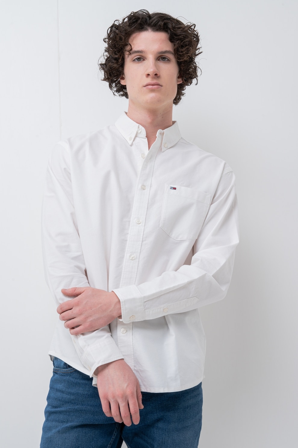 Tommy Jeans, Camasa din bumbac organic cu maneci cazute, Alb, M