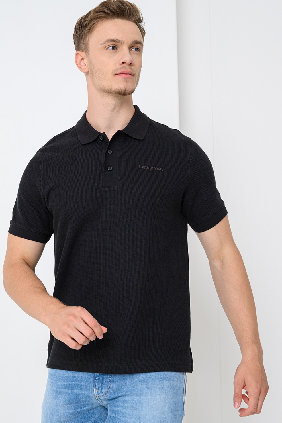 Tommy Jeans, Tricou polo din bumbac cu logo, Negru, XL