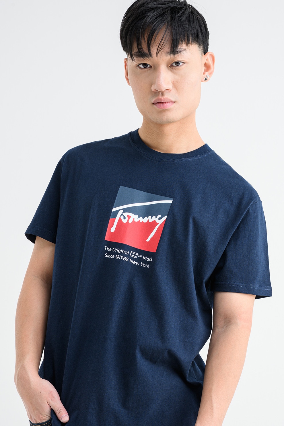 Tommy Jeans, Tricou cu logo si decolteu la baza gatului, Rosu, Alb optic, Bleumarin, L