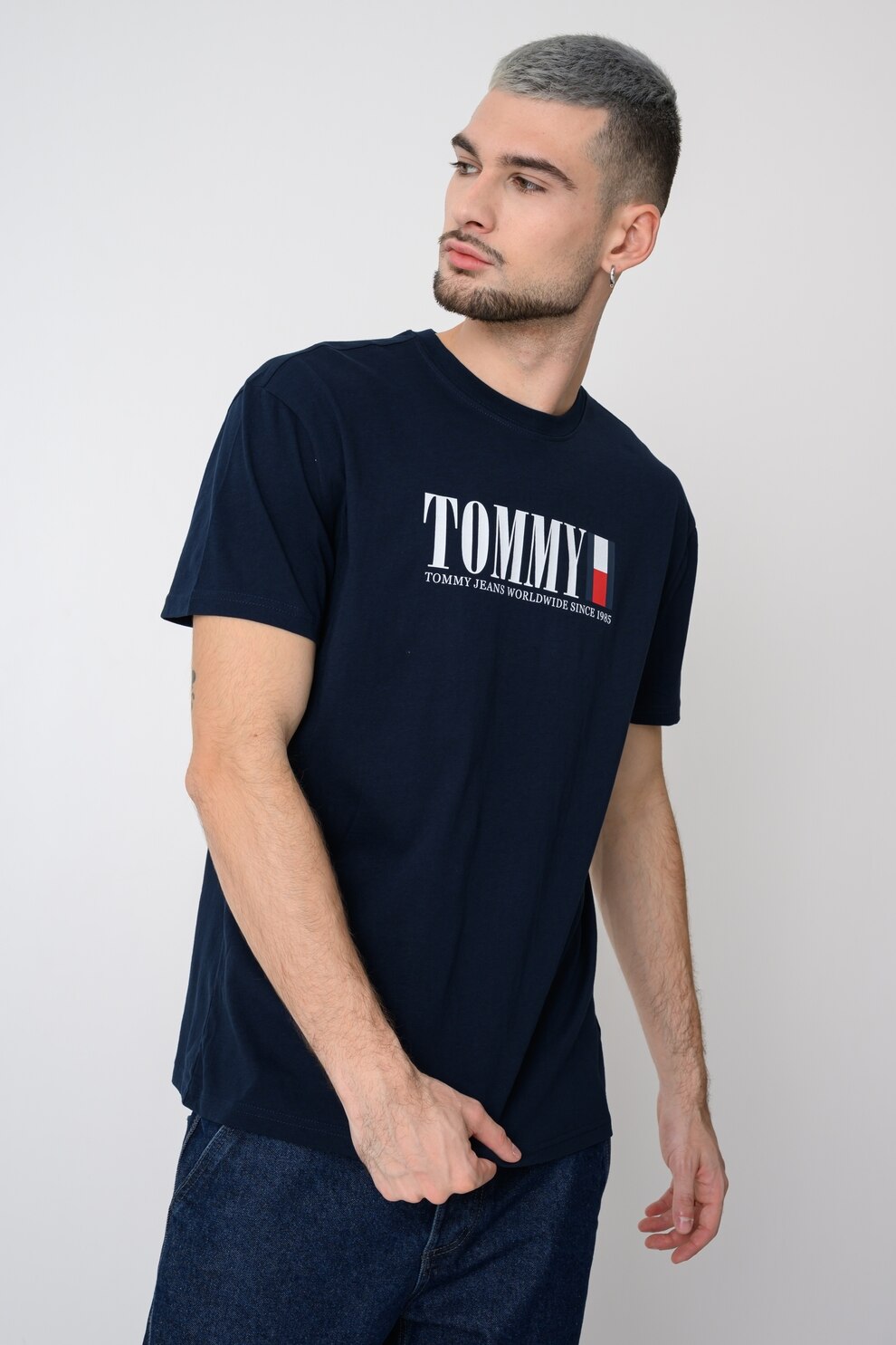 Tommy Jeans, Tricou cu imprimeu logo si decolteu la baza gatului, Bleumarin, M