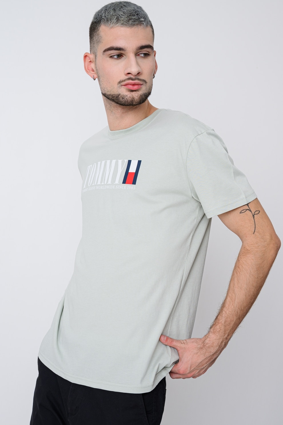 Tommy Jeans, Tricou cu imprimeu logo si decolteu la baza gatului, Verde pal, S