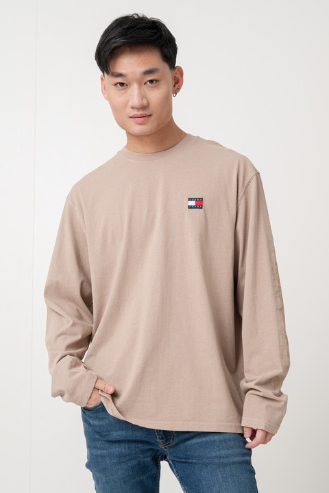 Tommy Jeans, Bluza din bumbac cu decolteu la baza gatului, Maro deschis, M