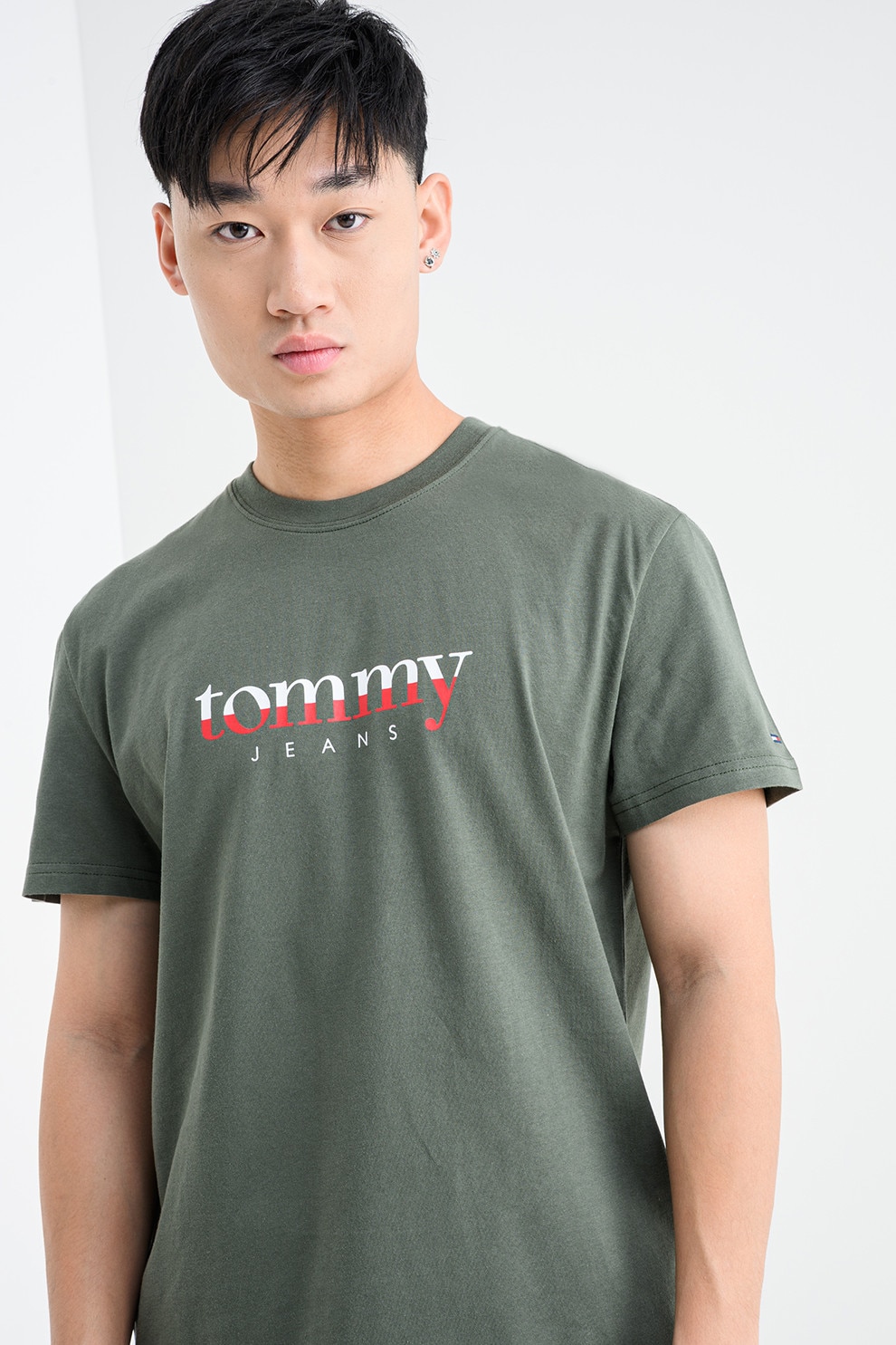 Tommy Jeans, Tricou cu decolteu la baza gatului si imprimeu logo, Verde feriga, L