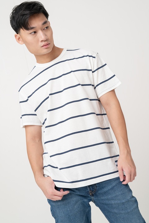 Tommy Jeans, Tricou cu decolteu la baza gatului si model in dungi, Alb/Albastru ultramarin