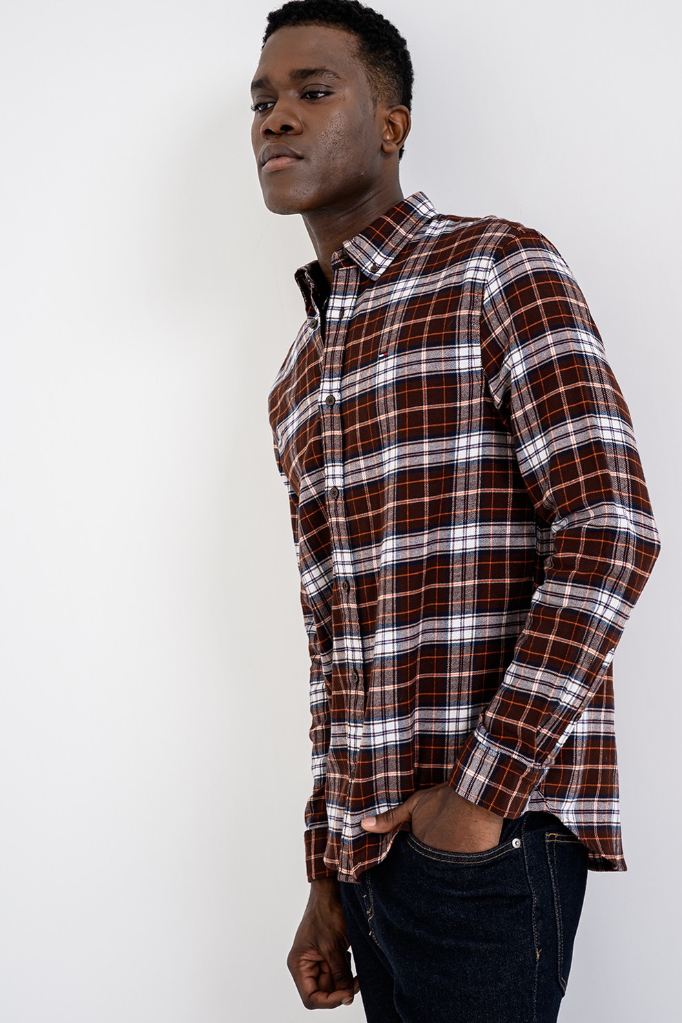 Tommy Jeans, Camasa regular-fit cu guler Oxford si model in carouri, Alb, Maro, L