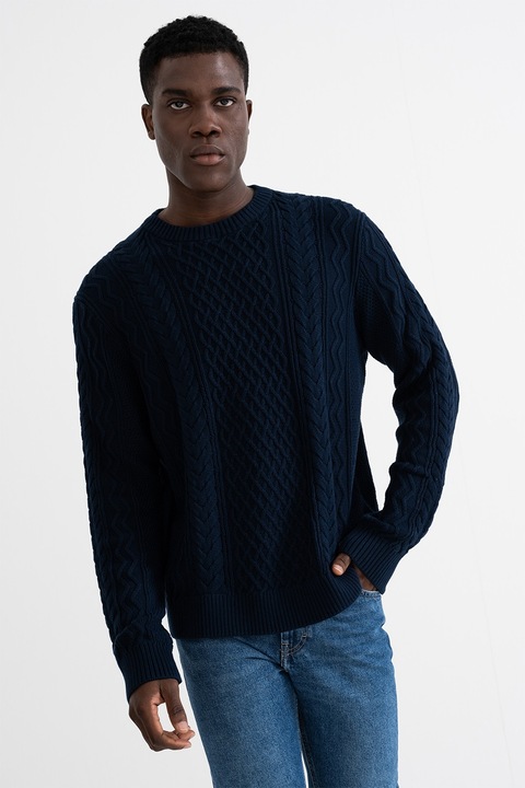 Tommy Jeans, Пуловер с овално деколте и плетка осморка, Тъмносин