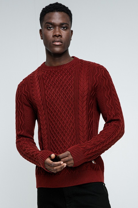 Tommy Jeans, Csavart kötésmintás kerek nyakú pulóver, Bordó