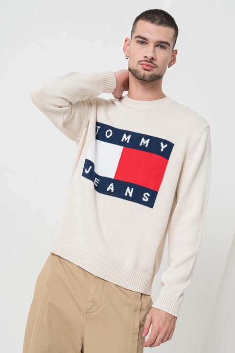 Tommy Jeans, Normál fazonú pulóver logóval, Piros/Világosbézs/Tengerészkék