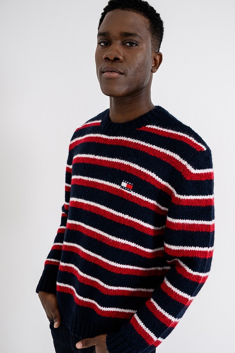 Tommy Jeans, Свободен пуловер на райе с алпака, Червен/Тъмносин