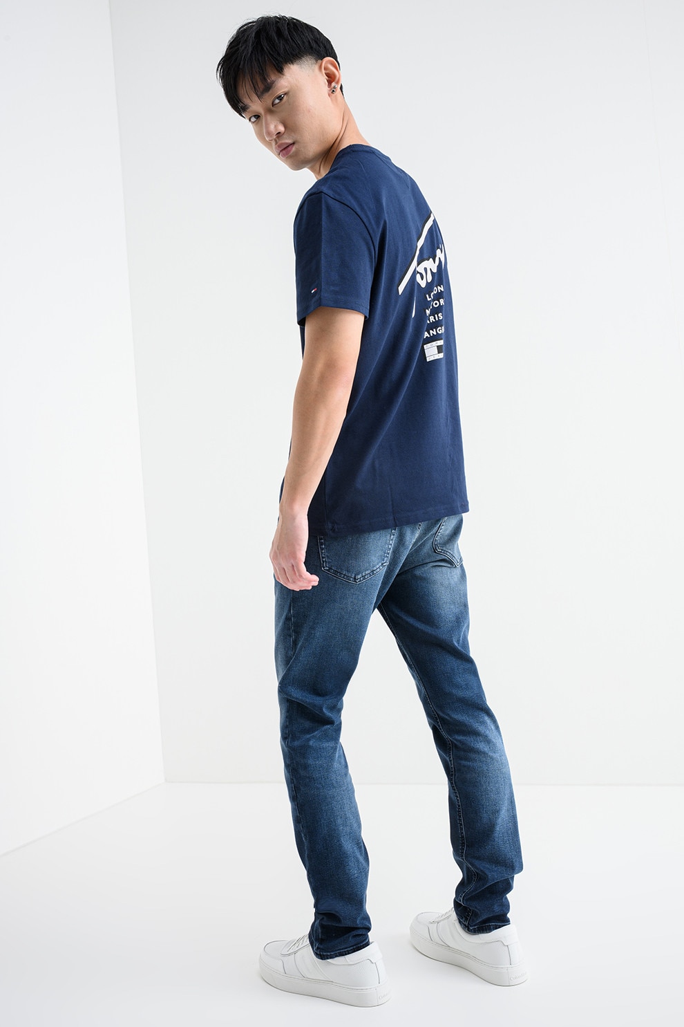 Tommy Jeans, Tricou de bumbac cu imprimeu logo pe partea din spate Signature, Alb, Bleumarin, 2XL