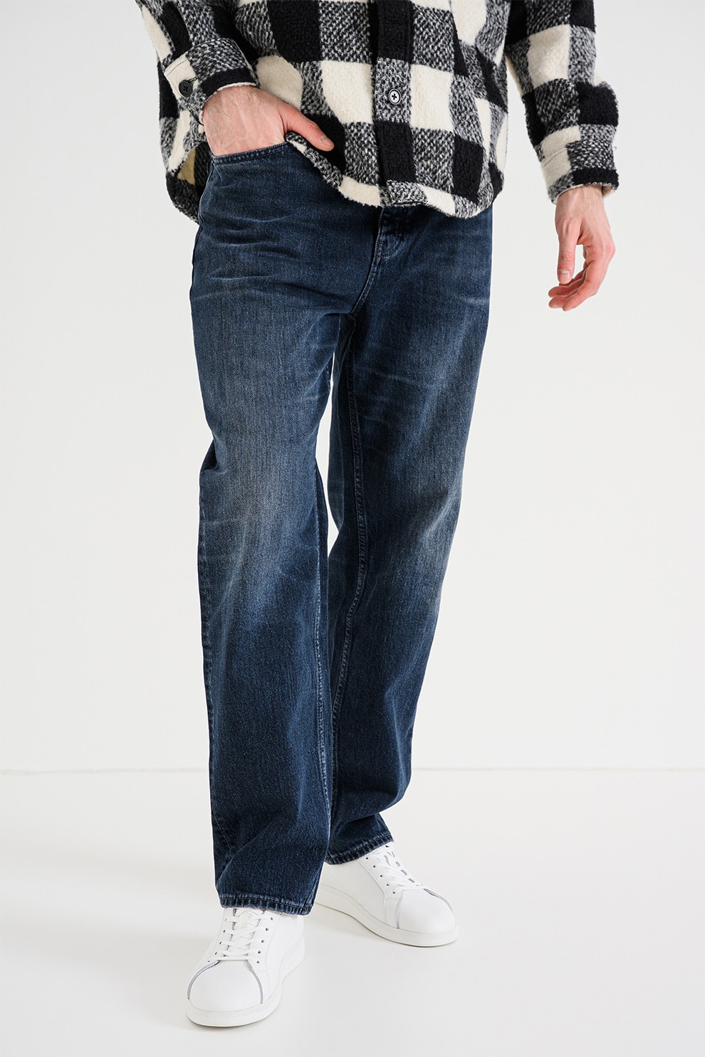 Tommy Jeans, Blugi cu croiala dreapta si talie medie, Albastru inchis melange, W34-L32