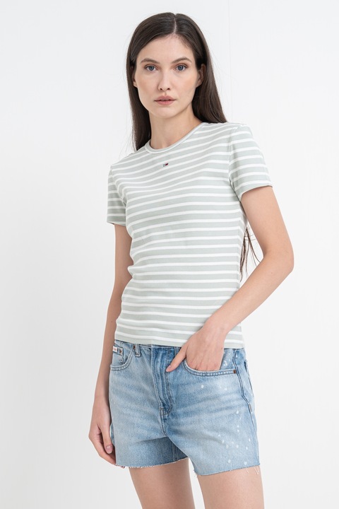 Tommy Jeans, Tricou slim fit striat, Alb fildes/Verde feriga