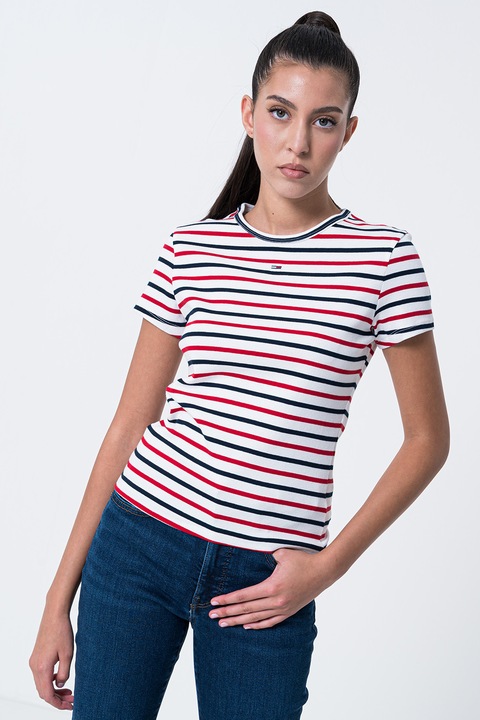 Tommy Jeans, Слим тениска с рипс, Бял/Аленочервен/Тъмносин