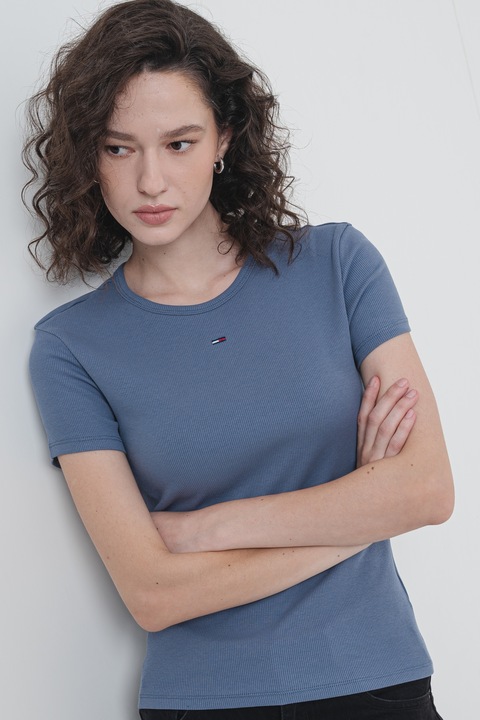 Tommy Jeans, Tricou slim fit striat, Gri carbune