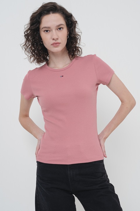 Tommy Jeans, Tricou slim fit striat, Roz prafuit