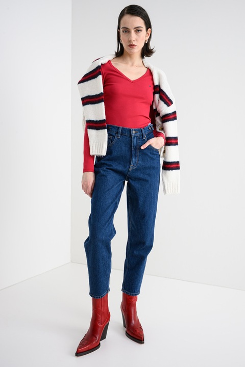 Tommy Jeans, Bluza slim fit striata cu decolteu in V, Roz