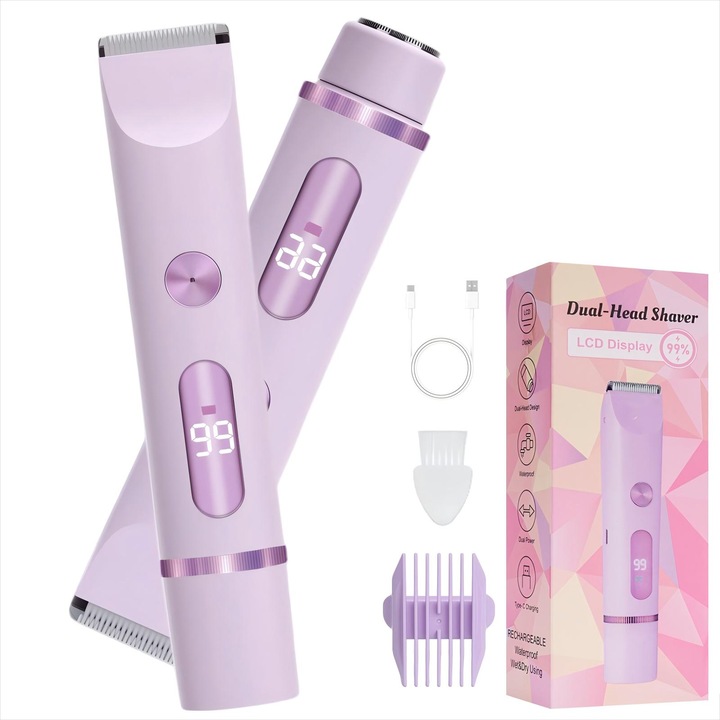 Epilator electric 2 in 1, dual-head, inox/otel carbon, incarcare USB, portabil, violet
